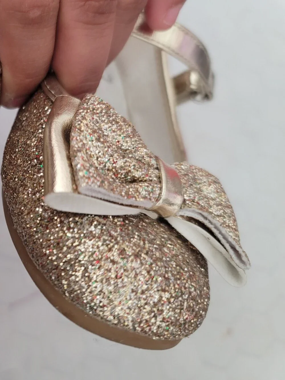 Girls 12 Gold Glitter Metallic Shimmer Wedding‎ Shoes Party Formal Bow Stelle